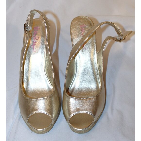 Lilly Pulitzer Krisie Wedge sandals Metallic Gold Leather 10 Slingback Peep Toe - Picture 2 of 8